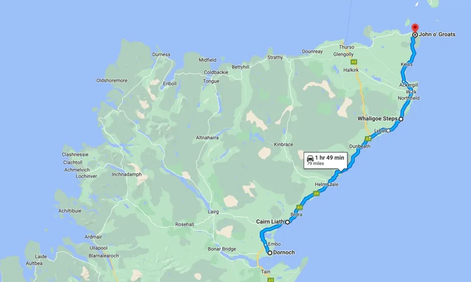 Map of route from Dornoch to John o' Groats