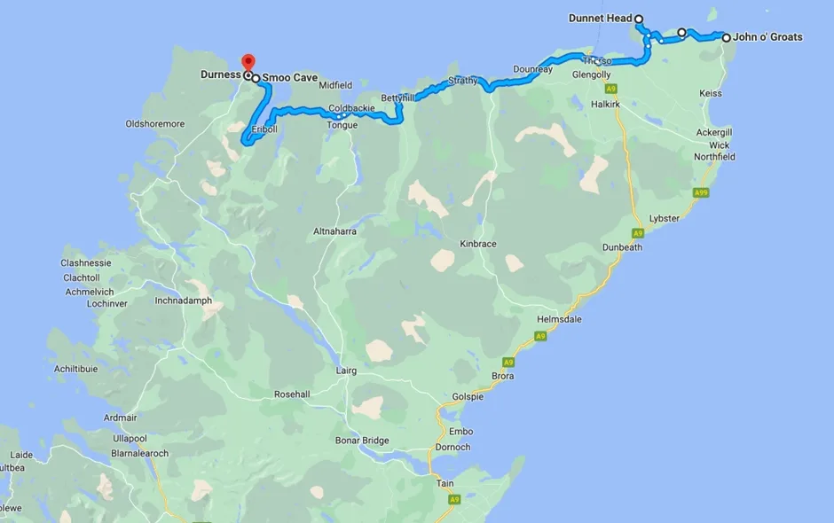 John o'Groats to Durness route on map