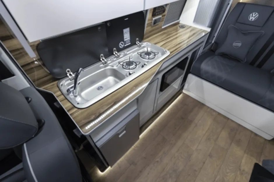 Interior kitchen set up in campervan