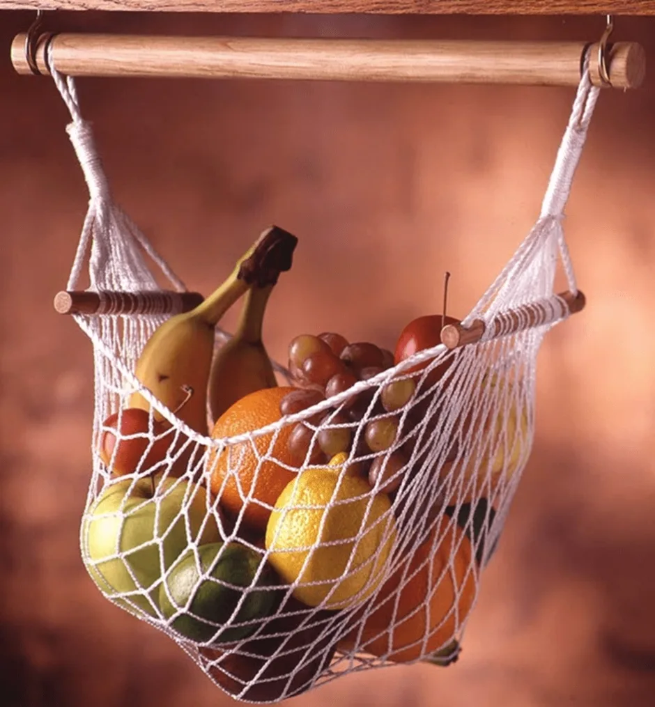 Hanging net filled with fruit