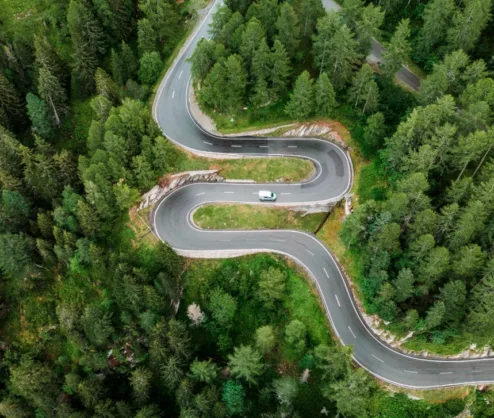 White van driving along a bendy forest road