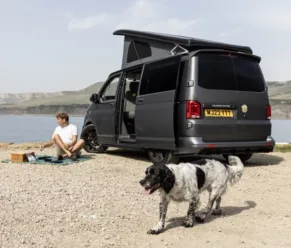 Man and dog on a beach next to a grey camper van with door open