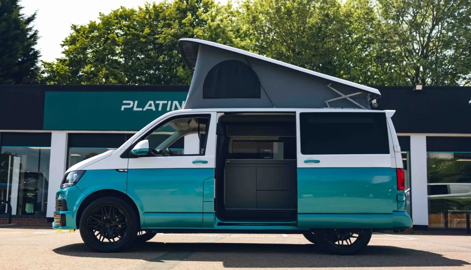 Two tone blue VW campervan