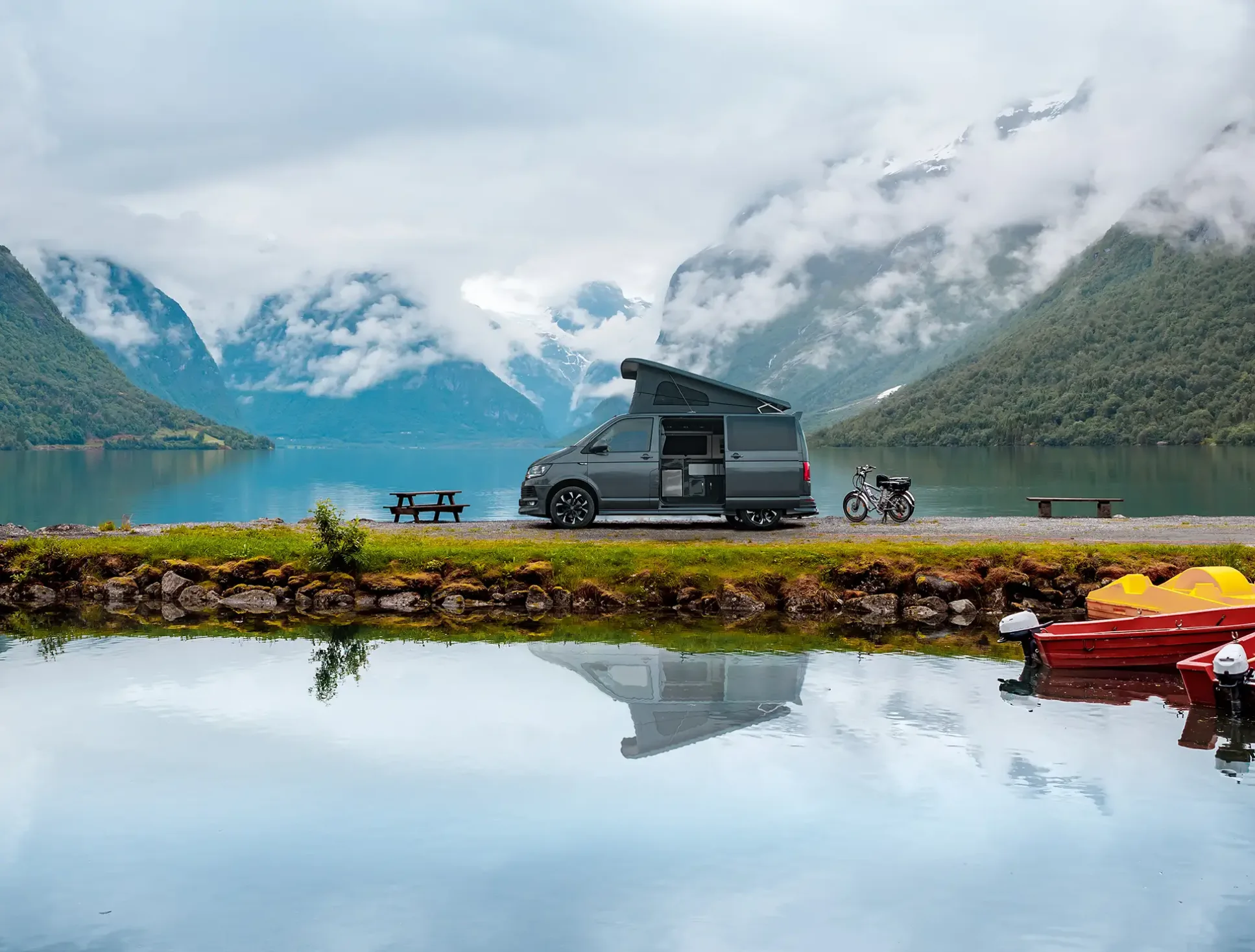 A Platinum Wave Automotive campervan Lakeside in the Mountains