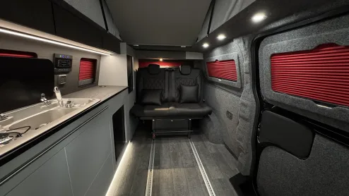 The interior of a Platinum Wave Automotive converted Ford campervan