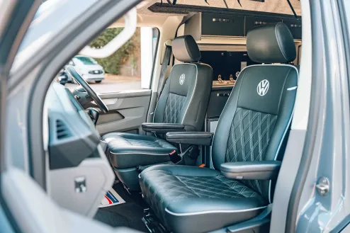 Custom Stitched seats in a Platinum Wave Automotive Converted Campervan