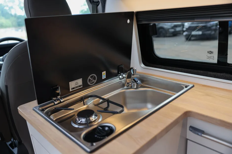 Sink and cooker inside a campervan